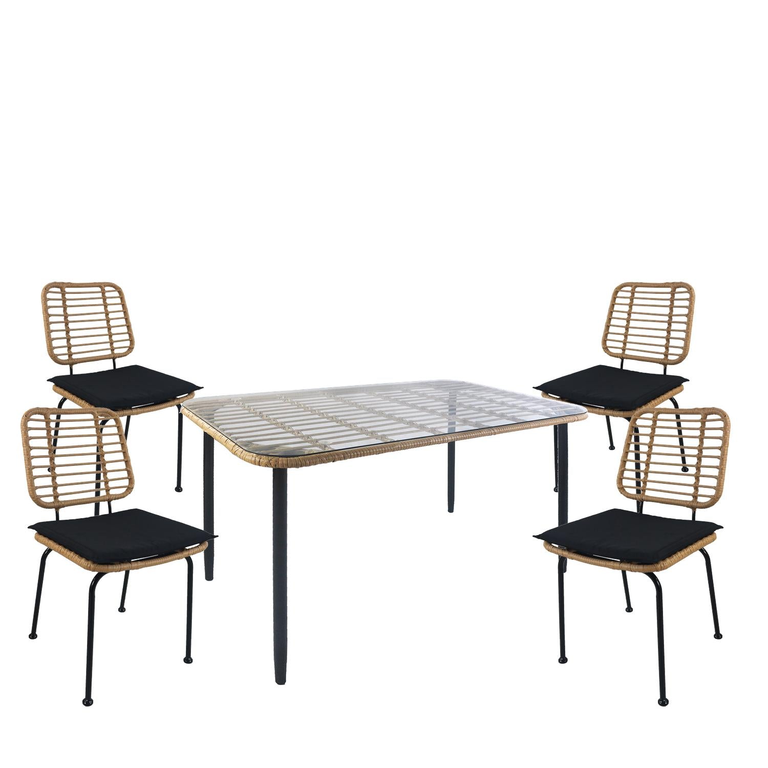 Σετ Τραπεζαρία Κήπου ArteLibre ANNIUS Φυσικό/Μαύρο Μέταλλο/Rattan/Γυαλί Με 4 Καρέκλες 14990313 - Hippiehome.gr