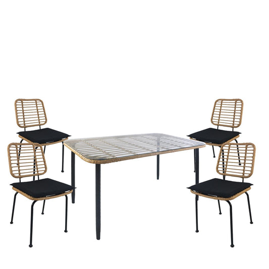 Σετ Τραπεζαρία Κήπου ArteLibre ANNIUS Φυσικό/Μαύρο Μέταλλο/Rattan/Γυαλί Με 4 Καρέκλες 14990313 - Hippiehome.gr