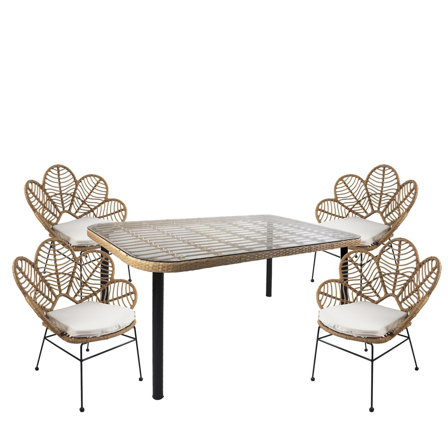 ArteLibre AMPIUS Garden Dining Set Natural/Black Metal/Rattan/Glass With 4 Chairs 14990315