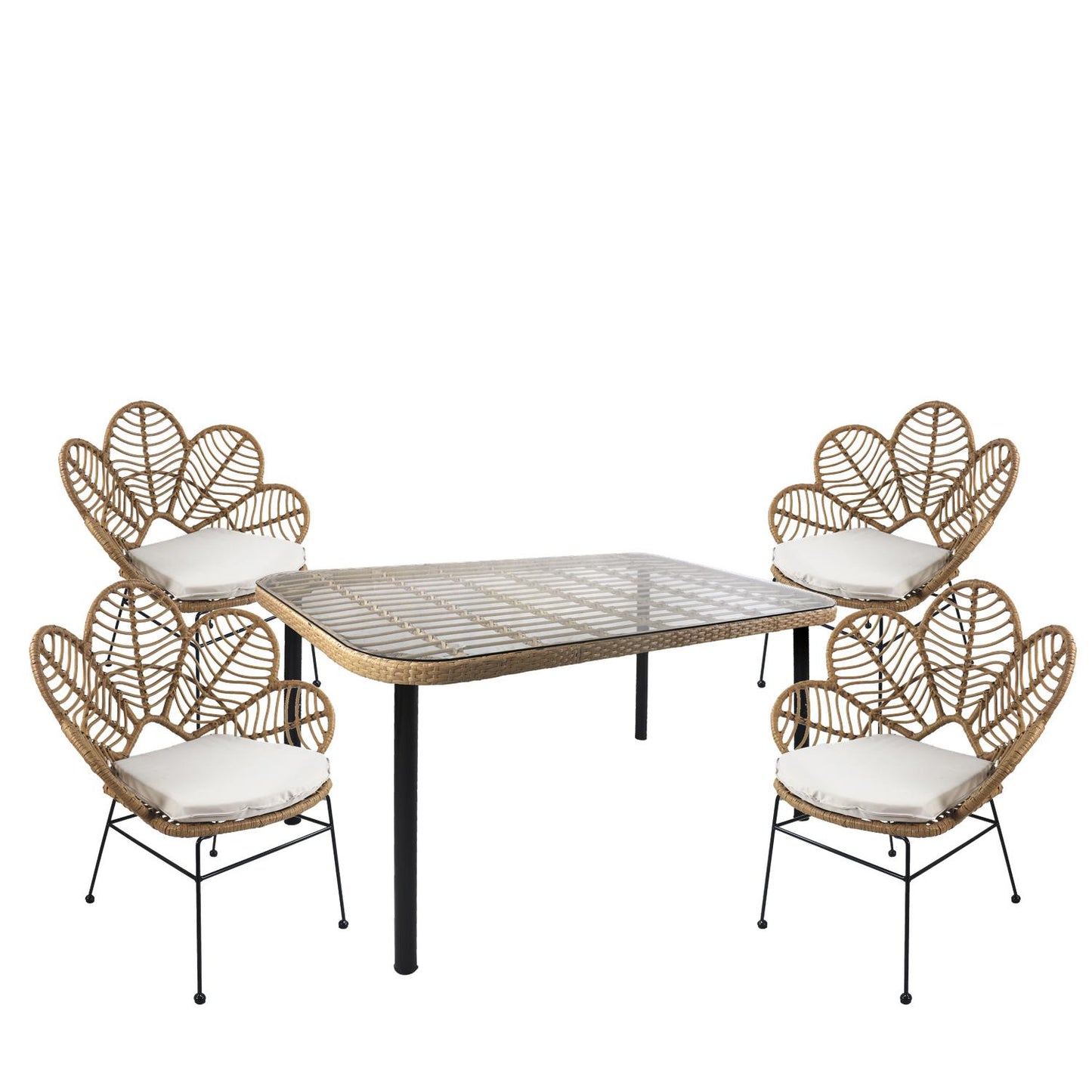 ArteLibre Garden Dining Set AMPLAS Natural/Black Metal/Rattan/Glass With 4 Chairs 14990316