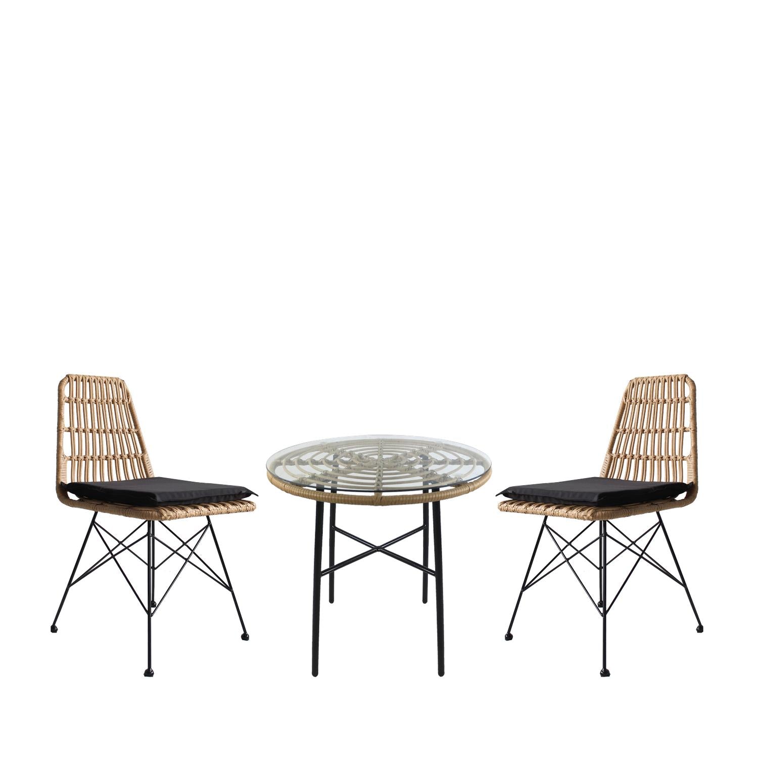 Σετ Τραπεζαρία Κήπου ArteLibre APPIUS Φυσικό/Μαύρο Μέταλλο/Rattan/Γυαλί Με 2 Καρέκλες 14990327 - Hippiehome.gr