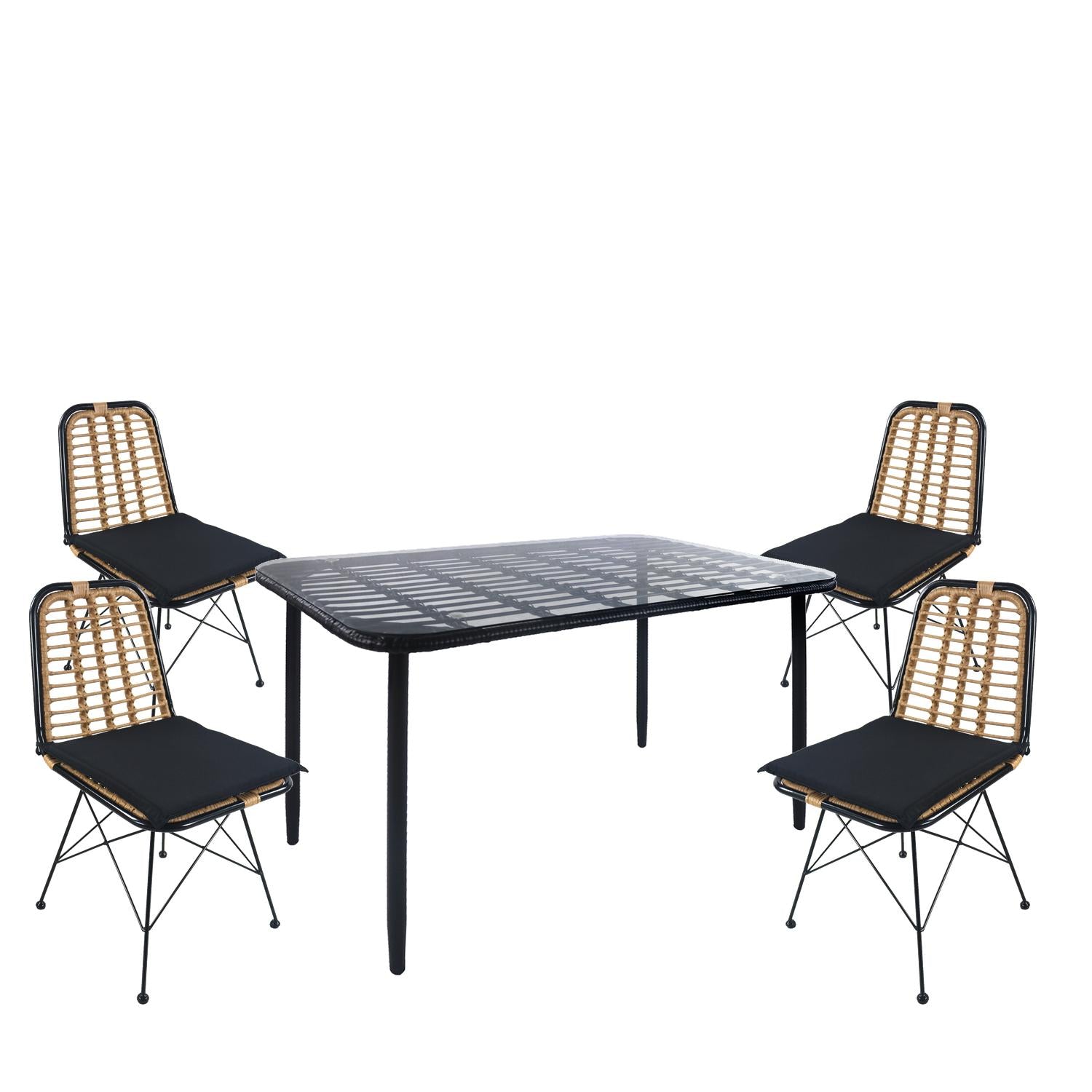 Σετ Τραπεζαρία Κήπου ArteLibre ANNIUS Μαύρο Μέταλλο/Rattan/Γυαλί Με 4 Καρέκλες 14990372 - Hippiehome.gr