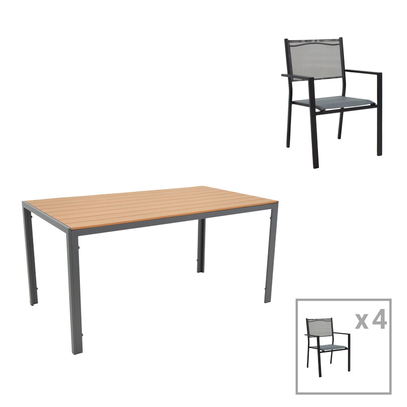 Τραπεζαρία Nares-Moly A σετ 5τεμ pakoworld ανθρακί-μαύρο αλουμίνιο και plywood σε φυσικό χρώμα 140x80x72.5εκ - Hippiehome.gr