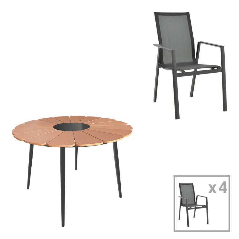 Τραπεζαρία Pinap-Dashiell σετ 5τεμ pakoworld μαύρο αλουμίνιο και plywood σε φυσική απόχρωση Φ110x74εκ - Hippiehome.gr