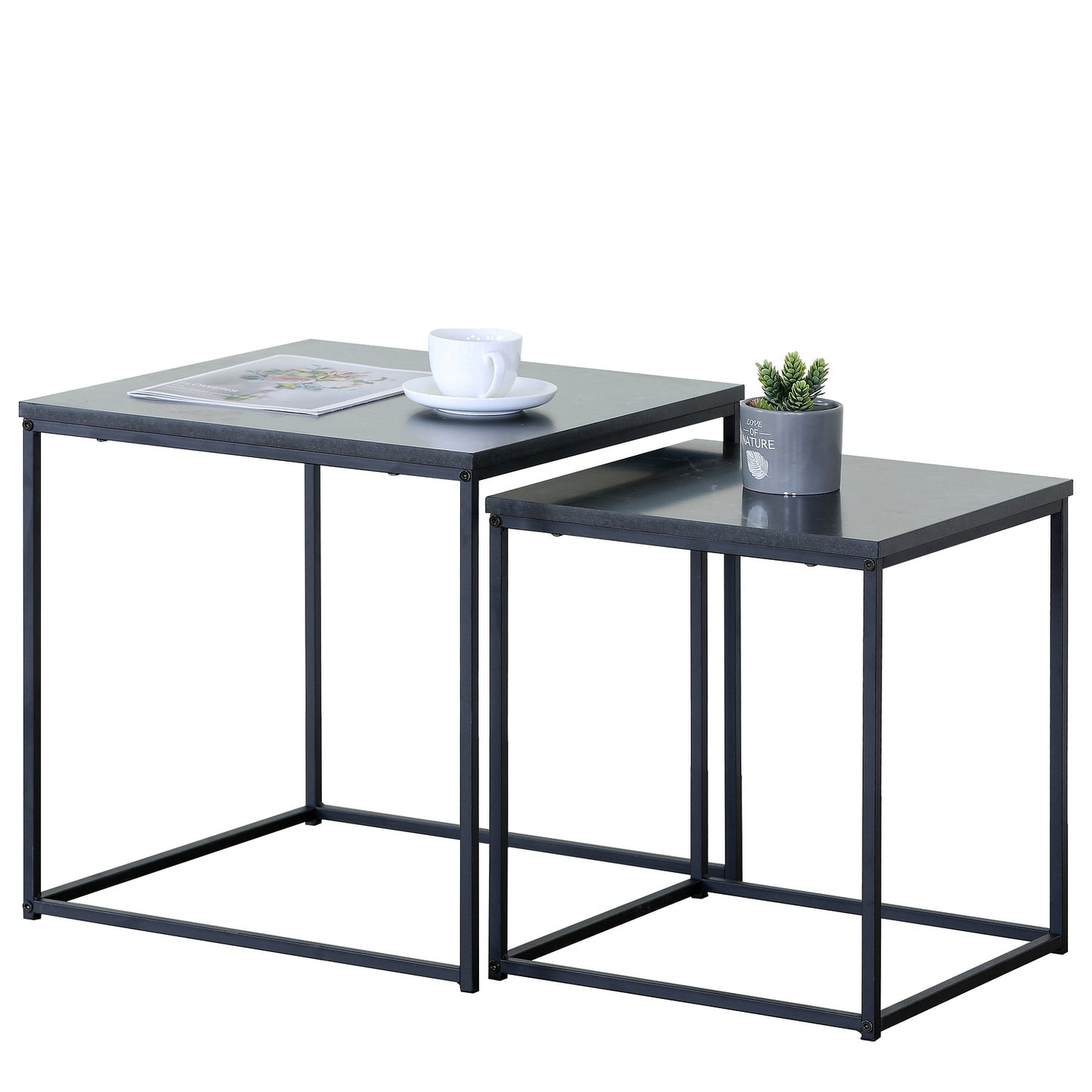 Τραπεζάκι Σαλονιού ArteLibre SOMERTON Μαύρο Μάρμαρο Μοριοσανίδα/Μέταλλο 40x40x50/35x35x45cm Σετ 2Τμχ - Hippiehome.gr