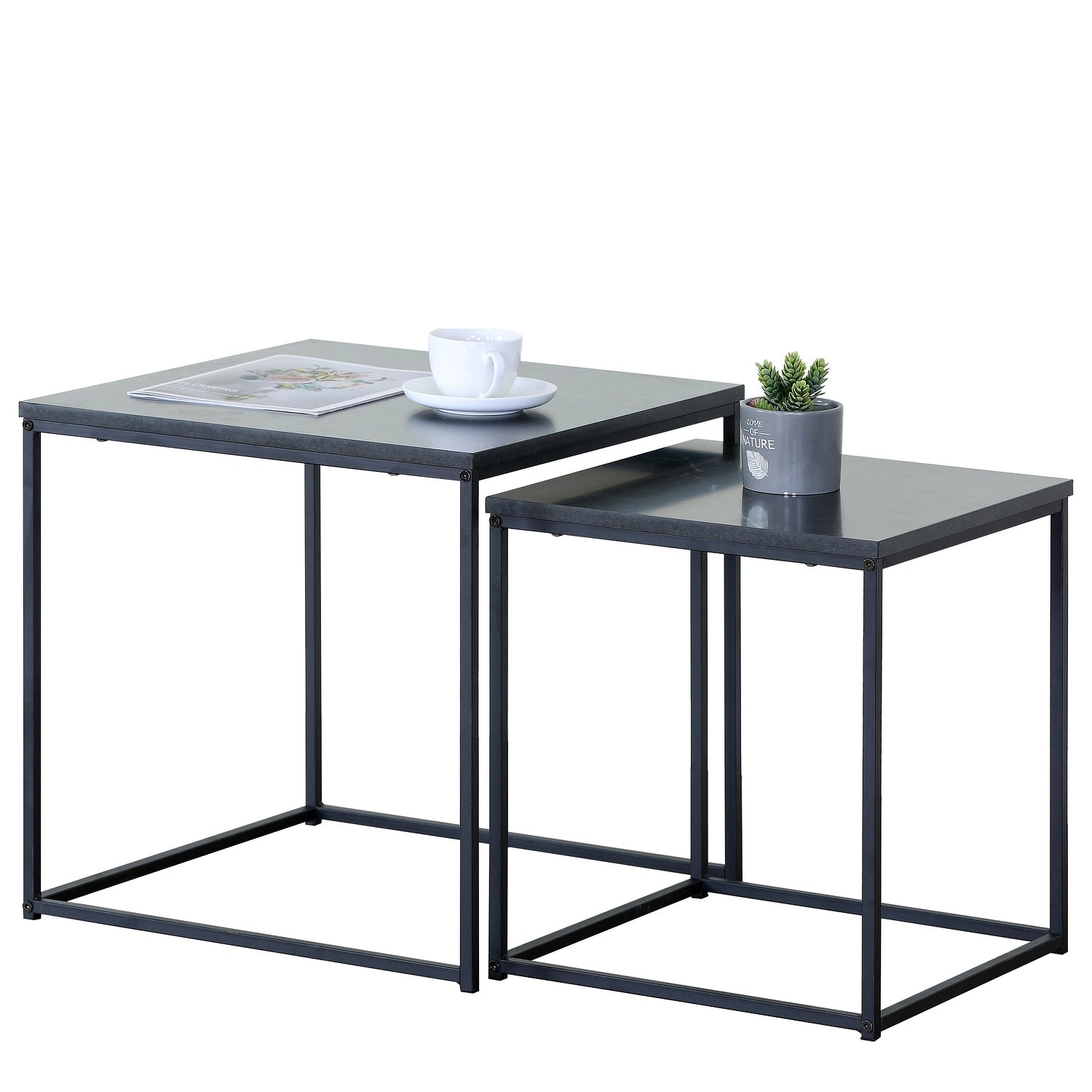 Τραπεζάκι Σαλονιού ArteLibre SOMERTON Μαύρο Μάρμαρο Μοριοσανίδα/Μέταλλο 40x40x50/35x35x45cm Σετ 2Τμχ - Hippiehome.gr