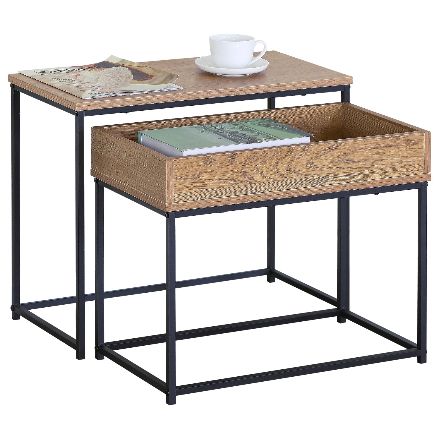 Τραπεζάκι Σαλονιού ArteLibre BELLINGTON Δρυς/Μαύρο Μοριοσανίδα/Μέταλλο 60x30x50/55x30x45cm Σετ 2Τμχ - Hippiehome.gr