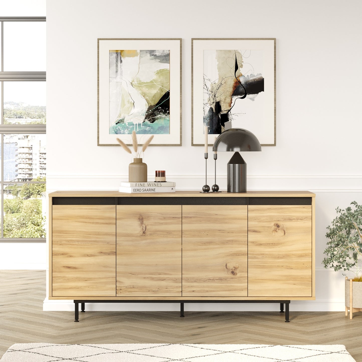 Sideboard ArteLibre BRENTFORD Natural/Black Chipboard/Metal 160x44.5x75.6cm