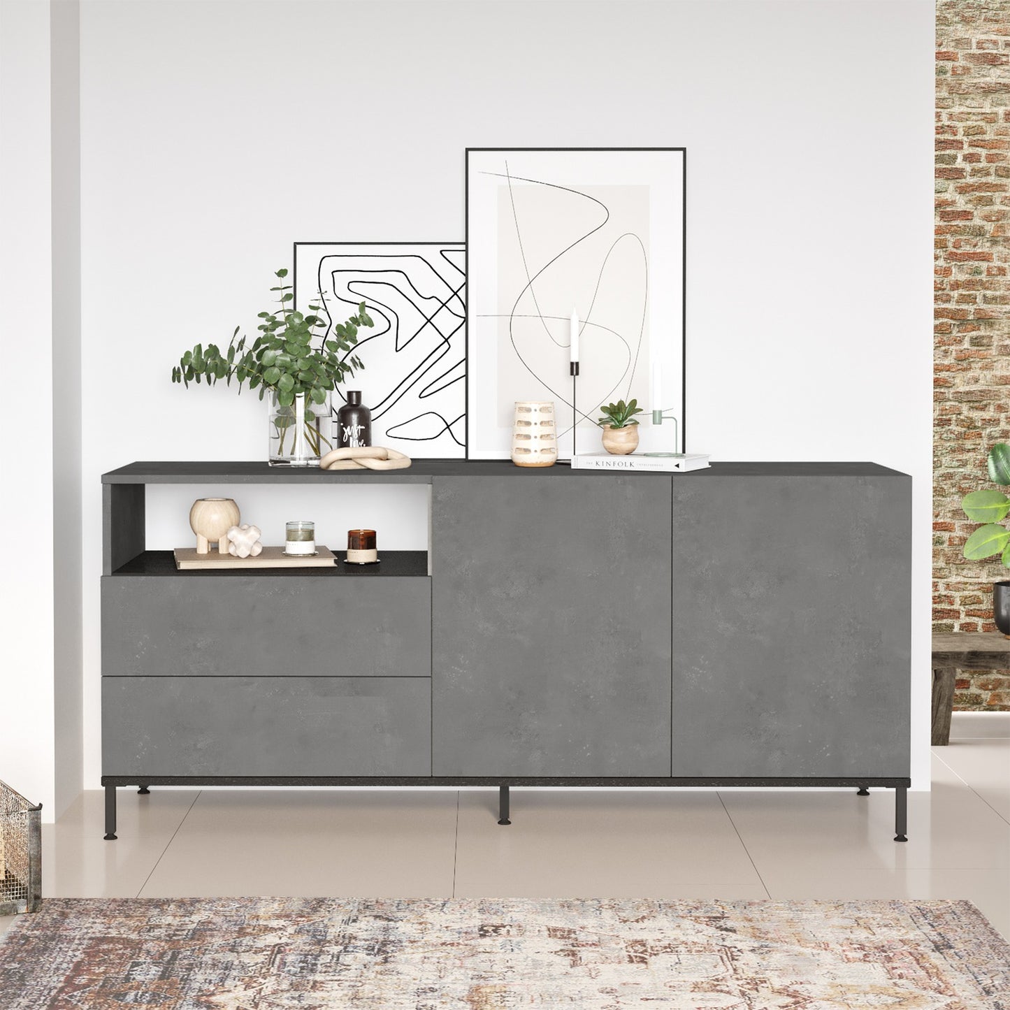 Sideboard ArteLibre BRIXTON Gray With Cement Effect/Black Chipboard/Metal 170.3x46.6x75.6cm