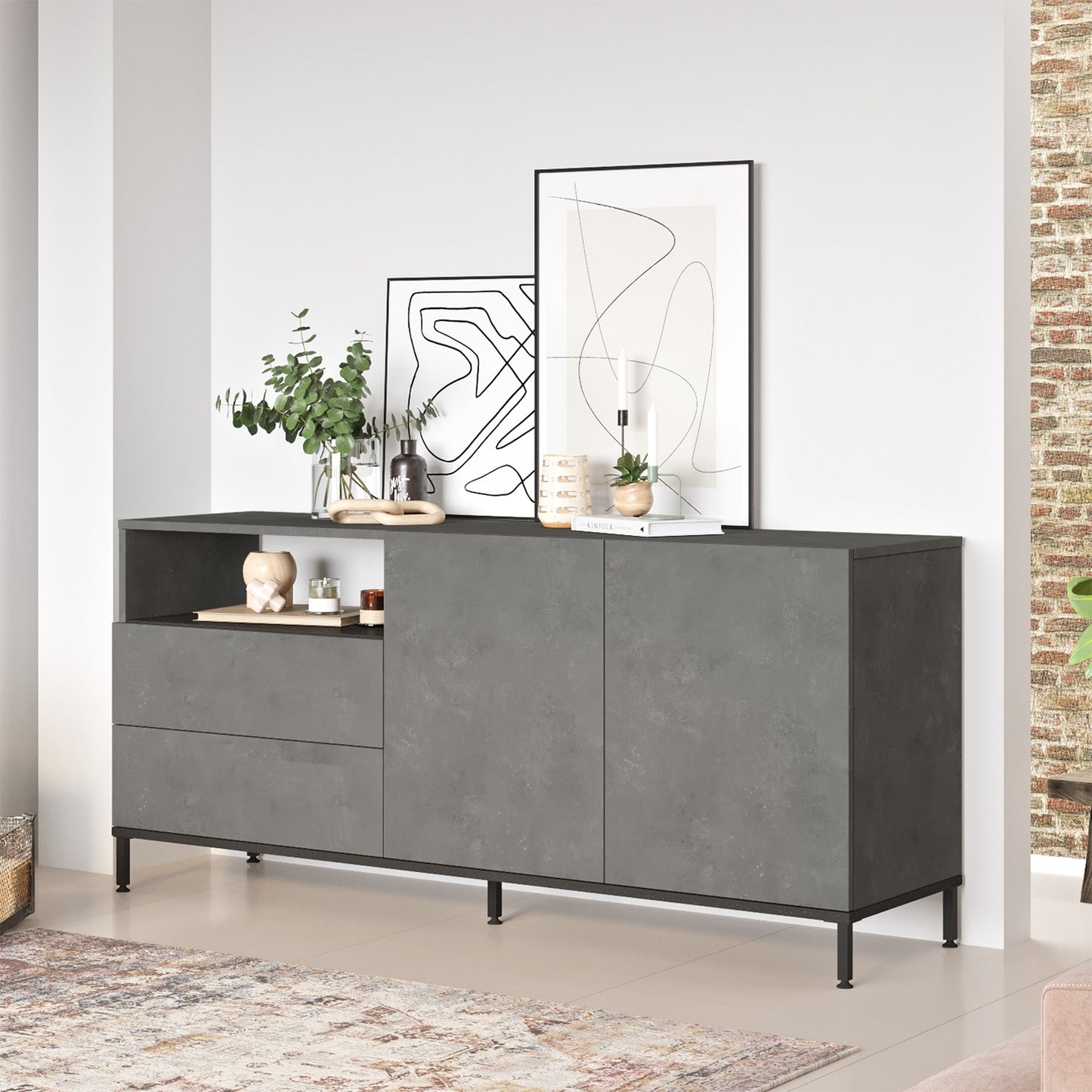 Sideboard ArteLibre BRIXTON Gray With Cement Effect/Black Chipboard/Metal 170.3x46.6x75.6cm