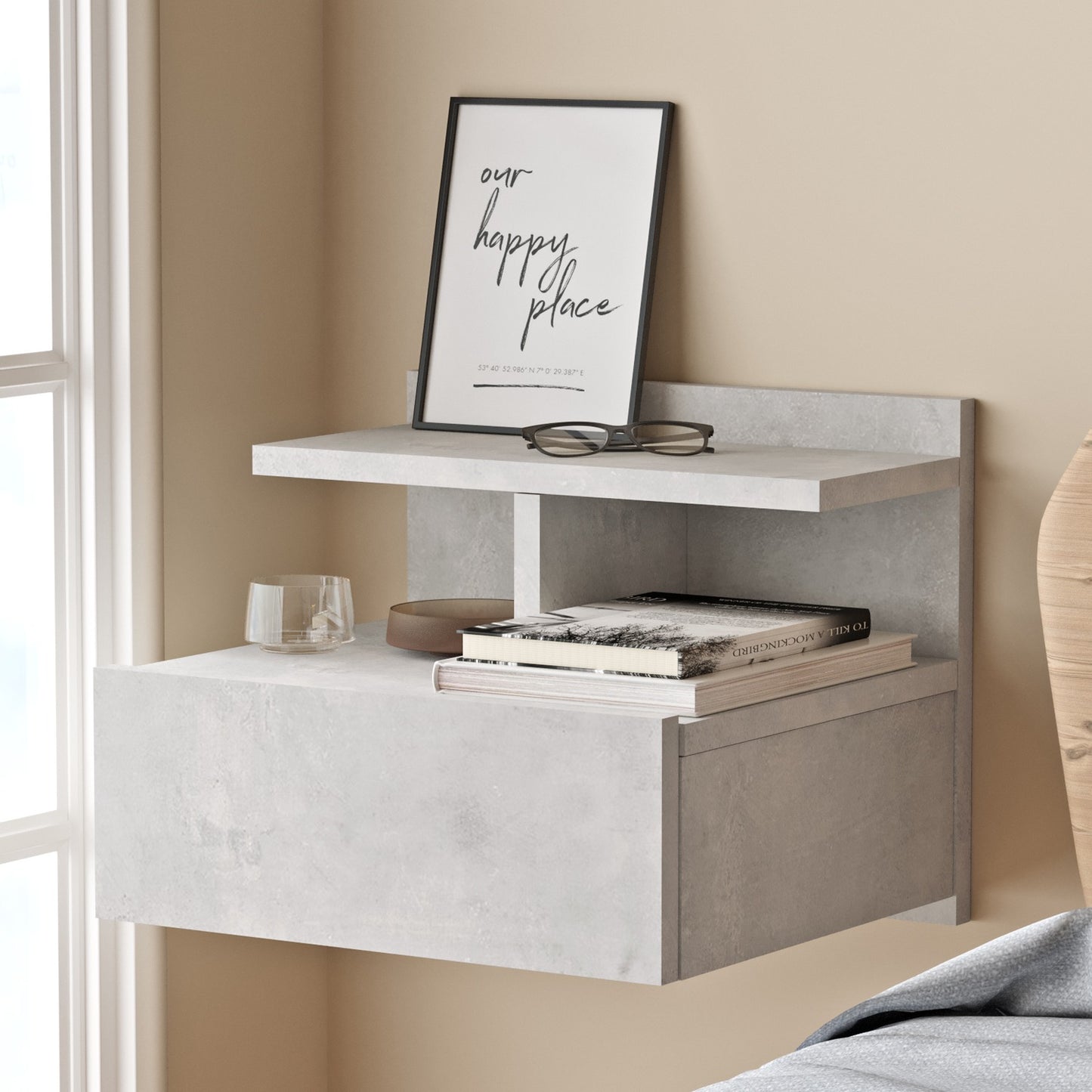 Bedside Table Wall ArteLibre CHALK Light Gray With Cement Effect Chipboard 40x35.6x32cm