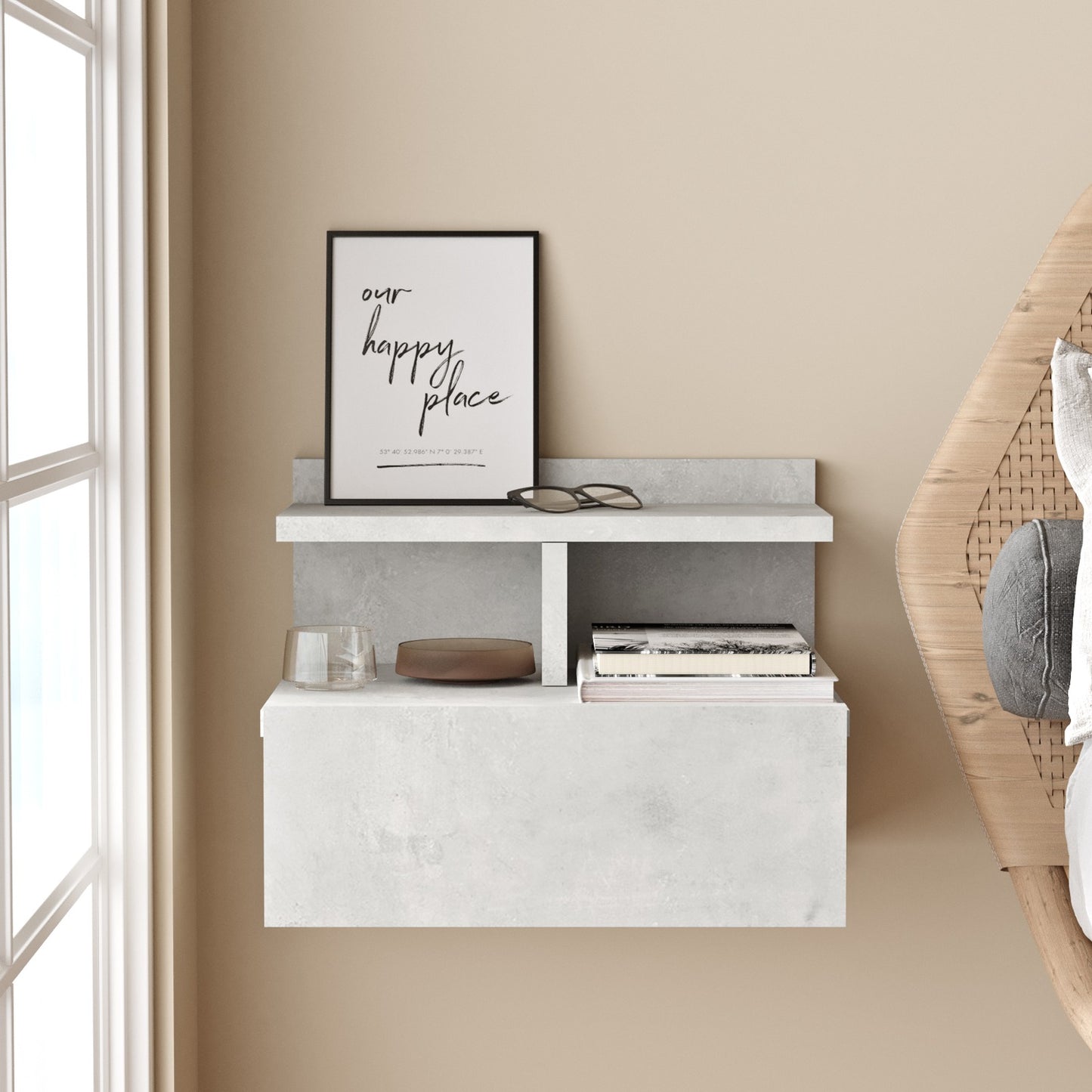 Bedside Table Wall ArteLibre CHALK Light Gray With Cement Effect Chipboard 40x35.6x32cm