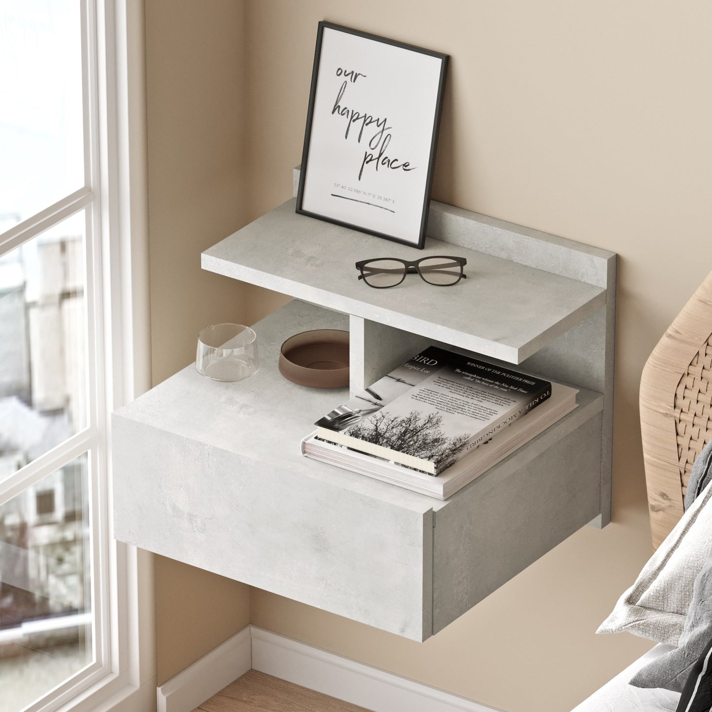 Bedside Table Wall ArteLibre CHALK Light Gray With Cement Effect Chipboard 40x35.6x32cm