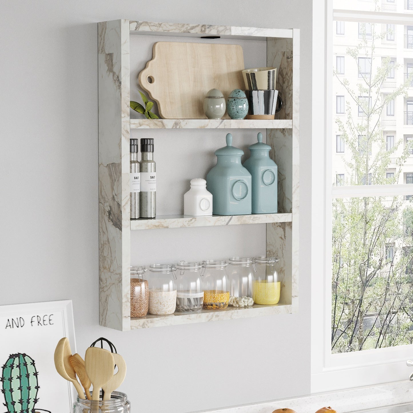 ArteLibre Wall Shelf EARLS White With Marble Effect Chipboard 43.2x9x60cm