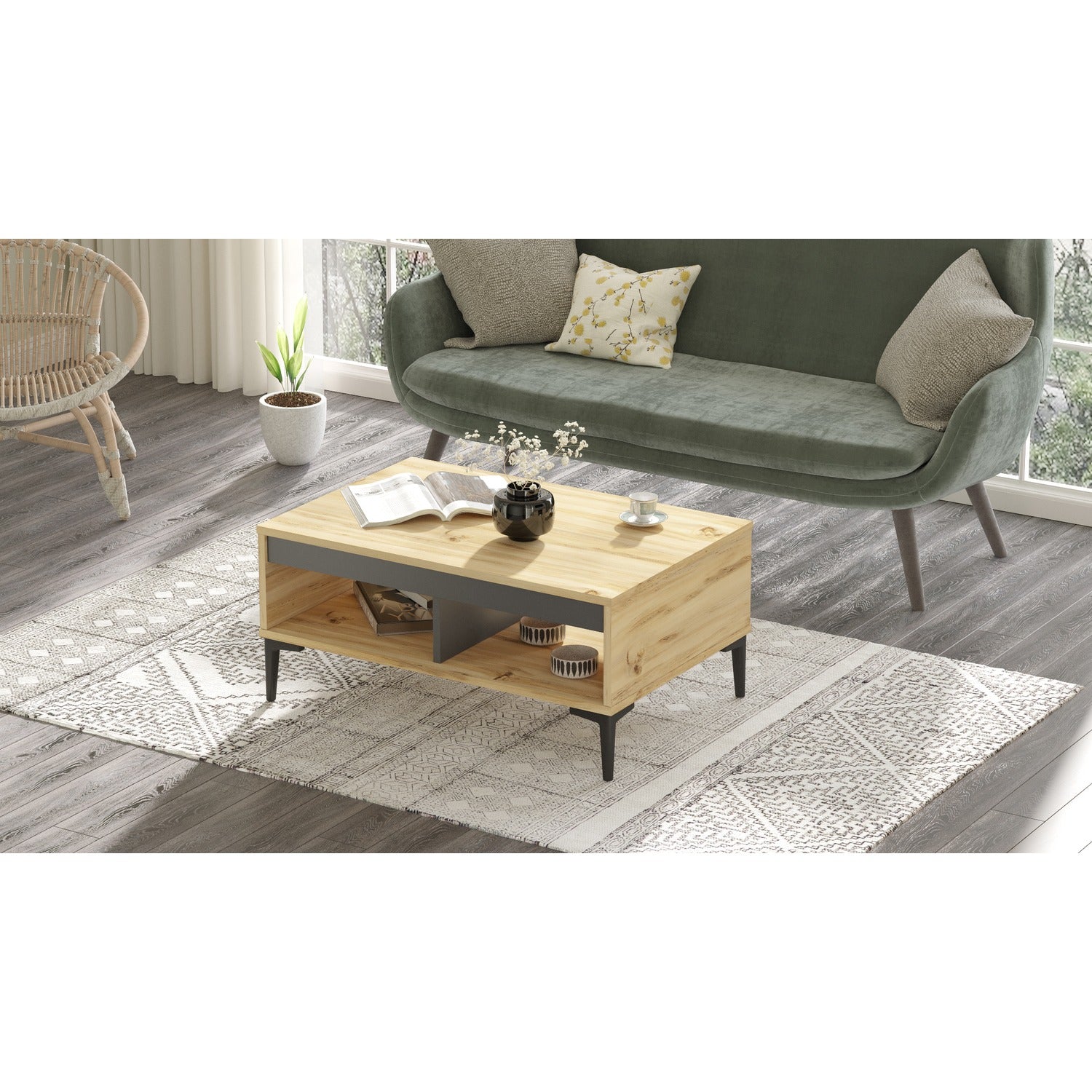 Τραπεζάκι Σαλονιού ArteLibre STIRLING Φυσικό/Ανθρακί Μοριοσανίδα/Μελαμίνη 90x60x40.6cm - Hippiehome.gr