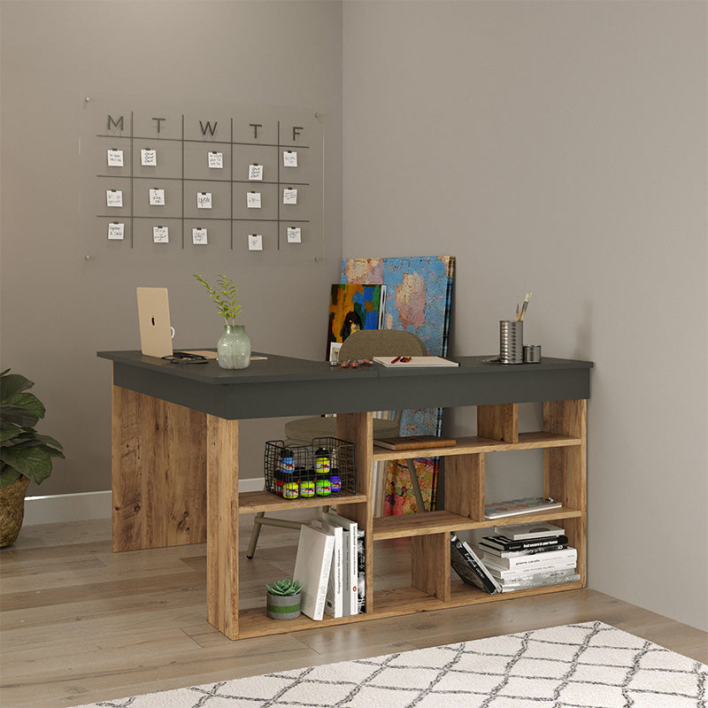 Γραφείο γωνιακό Rosaline pakoworld ανθρακί-oak 120x129x72εκ - Hippiehome.gr