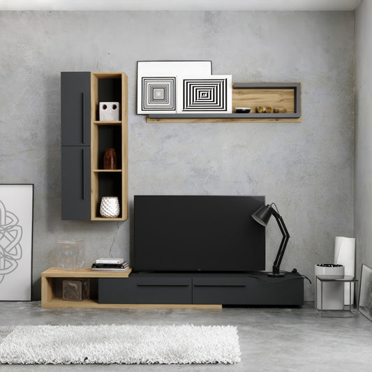 Σύνθετο σαλονιού Calvados pakoworld σε oak-ανθρακί απόχρωση - Hippiehome.gr