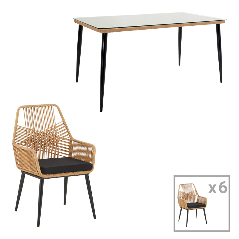 Τραπεζαρία Naoki-Tanish pakoworld σετ 7 τμχ rattan φυσικό-μαύρο μέταλλο-γυαλί 160x90x78εκ - Hippiehome.gr