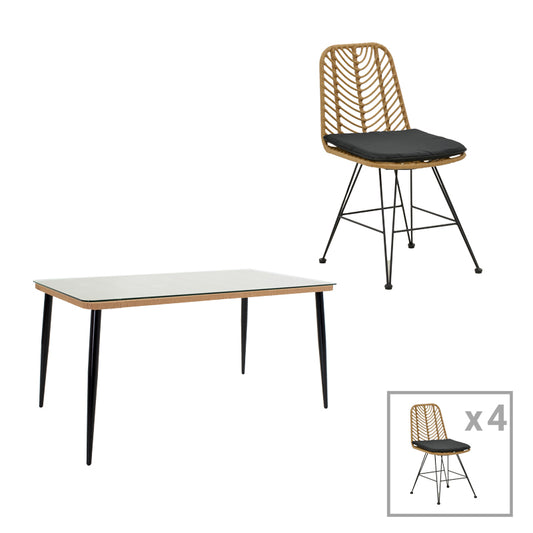 Τραπεζαρία Naoki E pakoworld σετ 5 τμχ rattan φυσικό-μαύρο μέταλλο-γυαλί 160x90x78εκ - Hippiehome.gr