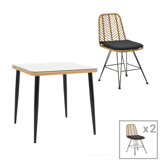 Τραπεζαρία Naoki F pakoworld σετ 3 τμχ rattan φυσικό-μαύρο μέταλλο-γυαλί 80x80x78εκ - Hippiehome.gr