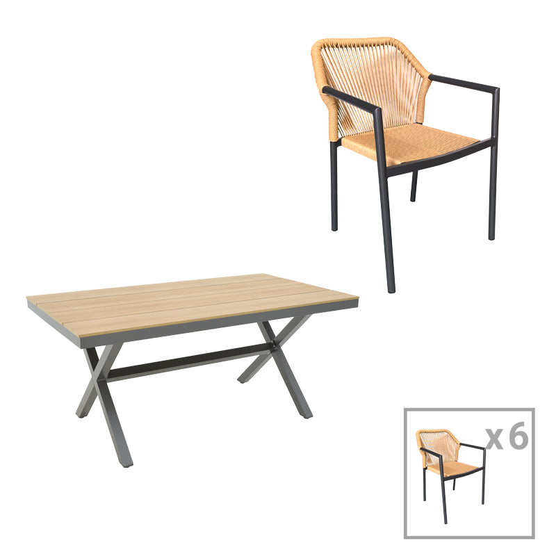 Τραπεζαρία Thorio-Lush σετ 7τεμ pakoworld ανθρακί αλουμίνιο και plywood σε φυσική απόχρωση 160x90x75εκ - Hippiehome.gr