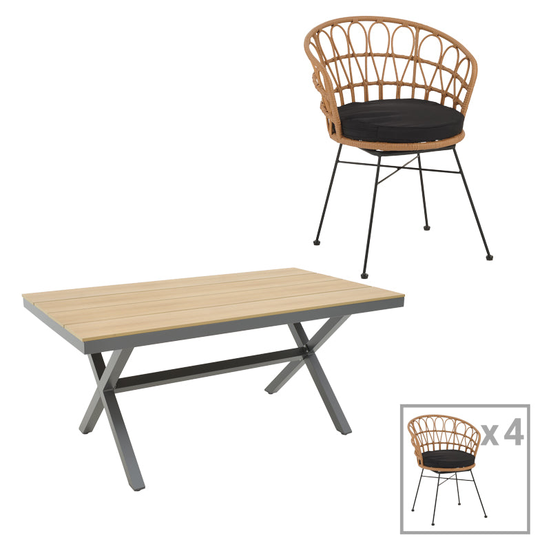 Τραπεζαρία Thorio-Felicia σετ 5τεμ pakoworld ανθρακί αλουμίνιο και plywood σε φυσική απόχρωση 160x90x75εκ - Hippiehome.gr