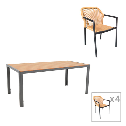 Τραπεζαρία Nares-Lush σετ 5τεμ pakoworld ανθρακί αλουμίνιο και plywood σε φυσική απόχρωση 180x90x72.5εκ - Hippiehome.gr