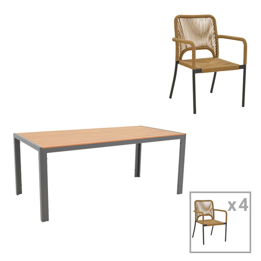 Τραπεζαρία Nares-Norture σετ 5τεμ pakoworld ανθρακί αλουμίνιο και plywood σε φυσική απόχρωση 180x90x72.5εκ - Hippiehome.gr