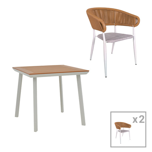 Τραπεζαρία Synergy-Raven σετ 3τεμ pakoworld λευκό αλουμίνιο και plywood σε φυσικό χρώμα 80x80x74εκ - Hippiehome.gr