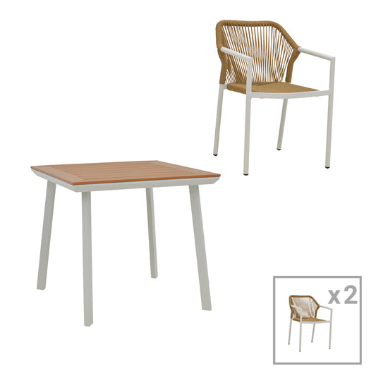 Τραπεζαρία Synergy-Lush σετ 3τεμ pakoworld λευκό αλουμίνιο και plywood σε φυσικό χρώμα 80x80x74εκ - Hippiehome.gr