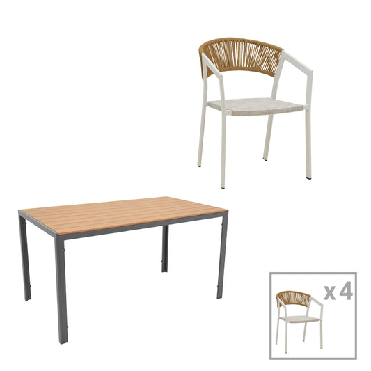 Τραπεζαρία Nares- Glisten C σετ 5τεμ pakoworld ανθρακί-λευκό αλουμίνιο και plywood σε φυσικό χρώμα 140x80x72.5εκ - Hippiehome.gr