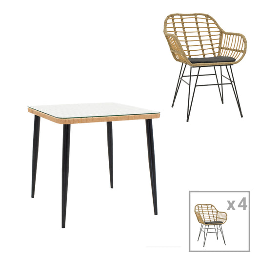 Τραπεζαρία Naoki V σετ 5τεμ pakoworld rattan pe σε φυσική απόχρωση και μαύρο μέταλλο 80x80x78εκ - Hippiehome.gr