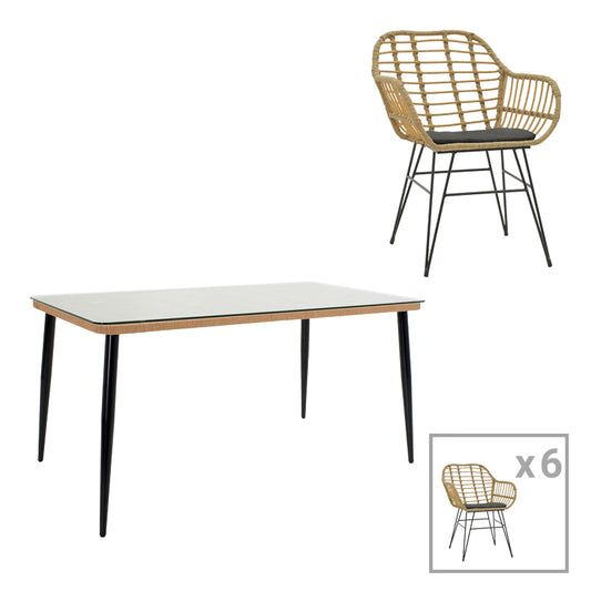 Τραπεζαρία Naoki Χ σετ 7τεμ pakoworld rattan pe σε φυσική απόχρωση και μαύρο μέταλλο 160x90x78εκ - Hippiehome.gr