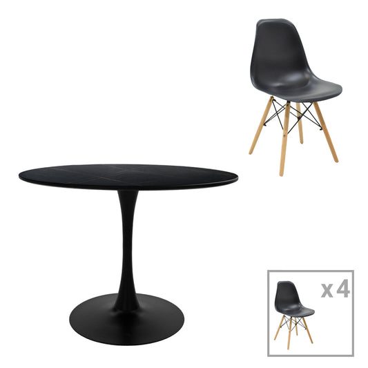 Τραπεζαρία Julita-Balou σετ 5τεμ pakoworld MDF-PP σε μαύρο-φυσικό απόχρωση Φ120x73εκ - Hippiehome.gr