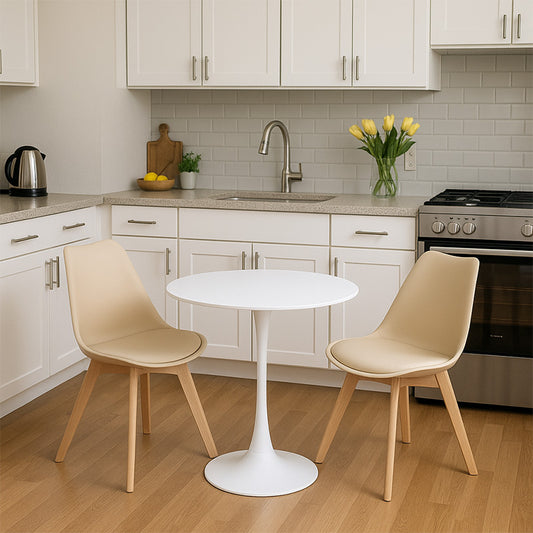 Τραπεζαρία Elijah-Gaston pakoworld σετ 3τεμ pp-pu σε taupe-λευκή απόχρωση με φυσικό πόδι Φ60x74εκ - Hippiehome.gr