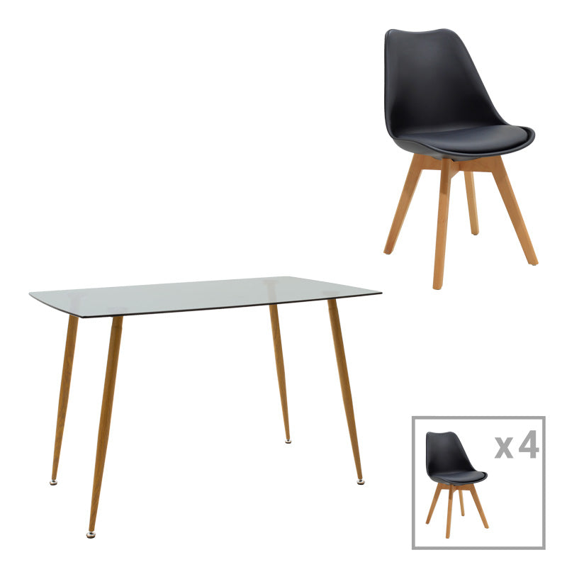 Τραπεζαρία Chloe -Gaston pakoworld σετ 5τεμ γυάλινο 8χιλ ανθρακί - πόδι φυσικό 120x70x75εκ - Hippiehome.gr