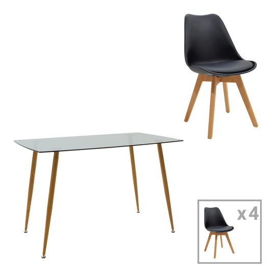 Τραπεζαρία Chloe -Gaston pakoworld σετ 5τεμ γυάλινο 8χιλ ανθρακί - πόδι φυσικό 120x70x75εκ - Hippiehome.gr