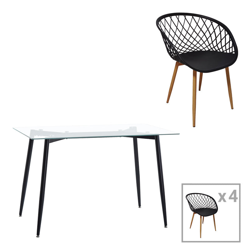 Τραπεζαρία Quana-Ezra pakoworld σετ 5τεμ γυάλινο 8χιλ διάφανο - μαύρο πόδι 120x70x75εκ - Hippiehome.gr