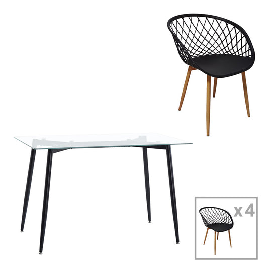Τραπεζαρία Quana-Ezra pakoworld σετ 5τεμ γυάλινο 8χιλ διάφανο - μαύρο πόδι 120x70x75εκ - Hippiehome.gr