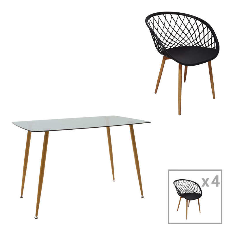 Τραπεζαρία Chloe-Ezra pakoworld σετ 5τεμ γυάλινο 8χιλ ανθρακί - πόδι φυσικό 120x70x75εκ - Hippiehome.gr