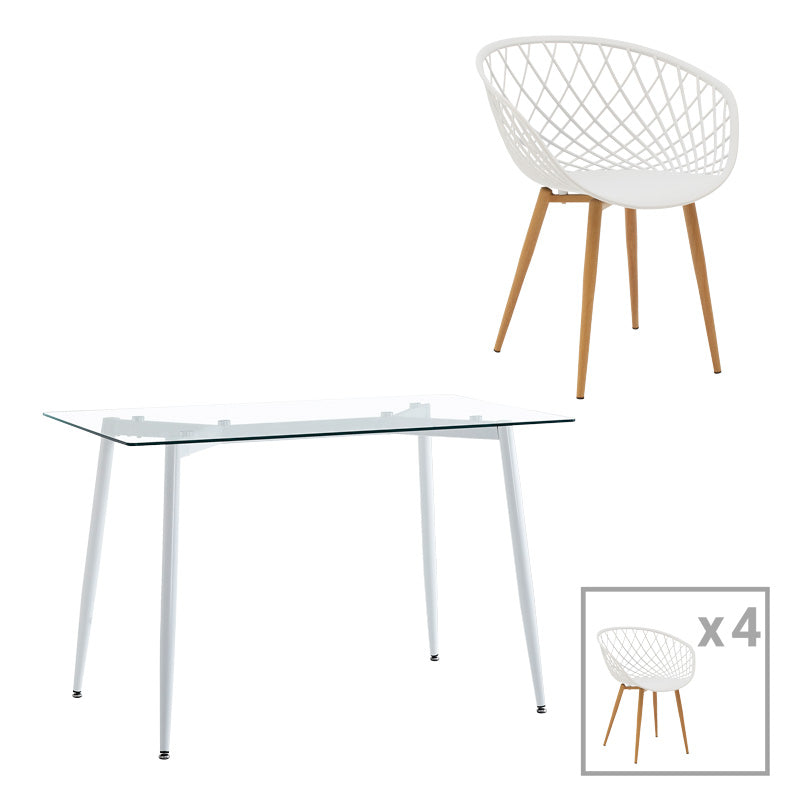 Τραπεζαρία Quana-Ezra pakoworld σετ 5τεμ γυάλινο 8χιλ διάφανο - λευκό πόδι 120x70x75εκ - Hippiehome.gr