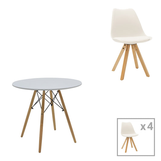 Τραπεζαρία Julita-Caron pakoworld σετ 5τεμ MDF λευκό-πόδια φυσικό Φ80x73εκ - Hippiehome.gr