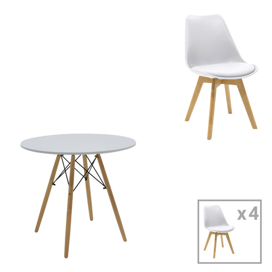 Τραπεζαρία Julita-Gaston σετ 5τεμ pakoworld MDF και ξύλο οξιάς σε λευκή-φυσική απόχρωση Φ80x73εκ - Hippiehome.gr