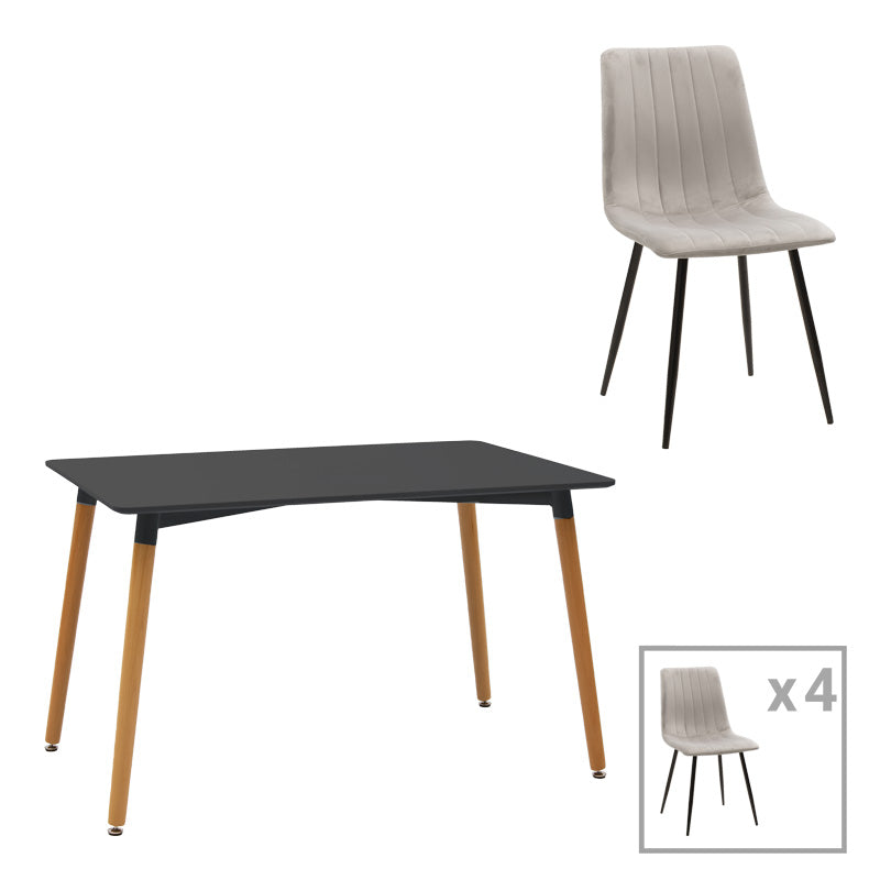 Τραπεζαρία Natali-Noor pakoworld σετ 5τεμ MDF μαύρο-γκρι-πόδια φυσικό 120x80x76εκ - Hippiehome.gr