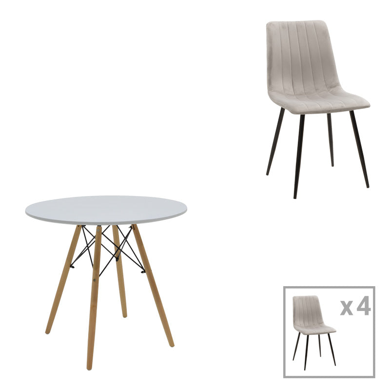 Τραπεζαρία Julita-Noor pakoworld σετ 5τεμ MDF λευκό-γκρι-πόδια φυσικό Φ80x73εκ - Hippiehome.gr