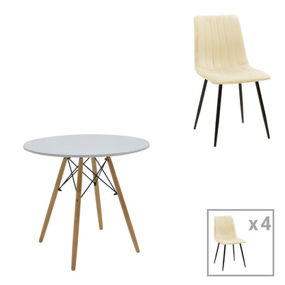 Τραπεζαρία Julita-Noor pakoworld σετ 5τεμ MDF λευκό-μπεζ ύφασμα Φ80x73εκ - Hippiehome.gr