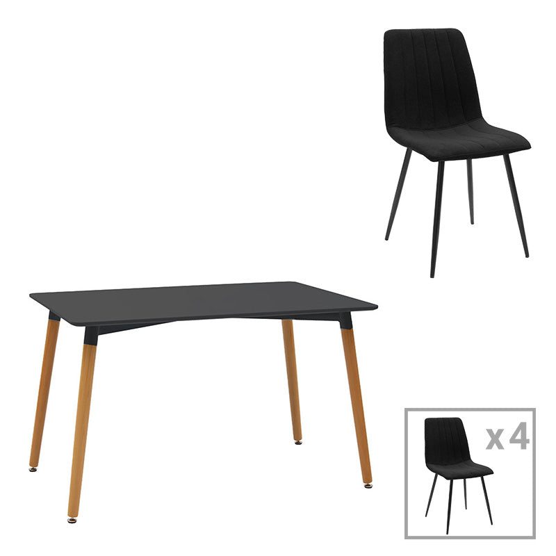 Τραπεζαρία Natali-Noor pakoworld σετ 5τεμ MDF μαύρο-πόδια φυσικό 120x80x76εκ - Hippiehome.gr