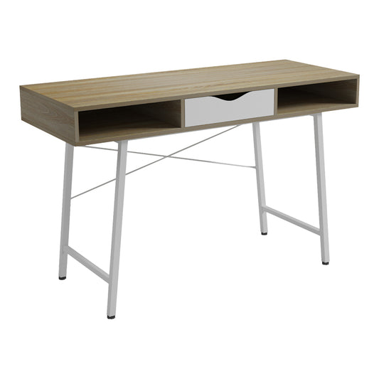 Γραφείο εργασίας Komo pakoworld σε sonoma-λευκή απόχρωση με λευκά μεταλλικά πόδια 120x48x76εκ - Hippiehome.gr