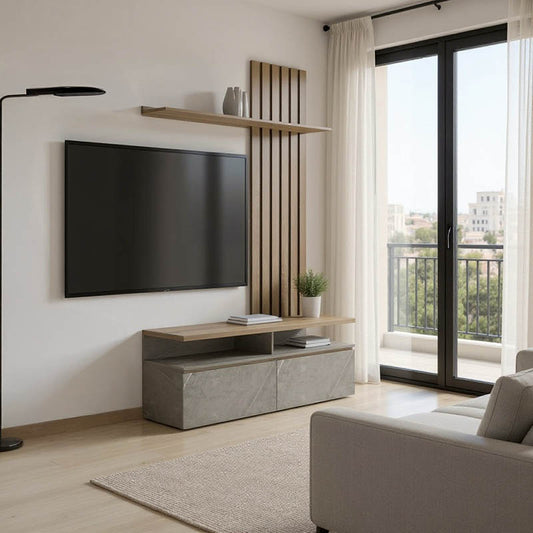 Σύνθετο σαλονιού Perlento pakoworld σε μπεζ μαρμάρου με sonoma απόχρωση 140x41x219.5εκ - Hippiehome.gr