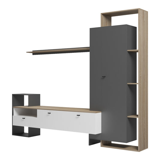 Σύνθετο σαλονιού Ferefia pakoworld σε sonoma με λευκή και ανθρακί απόχρωση 240x45.5x189.5εκ - Hippiehome.gr